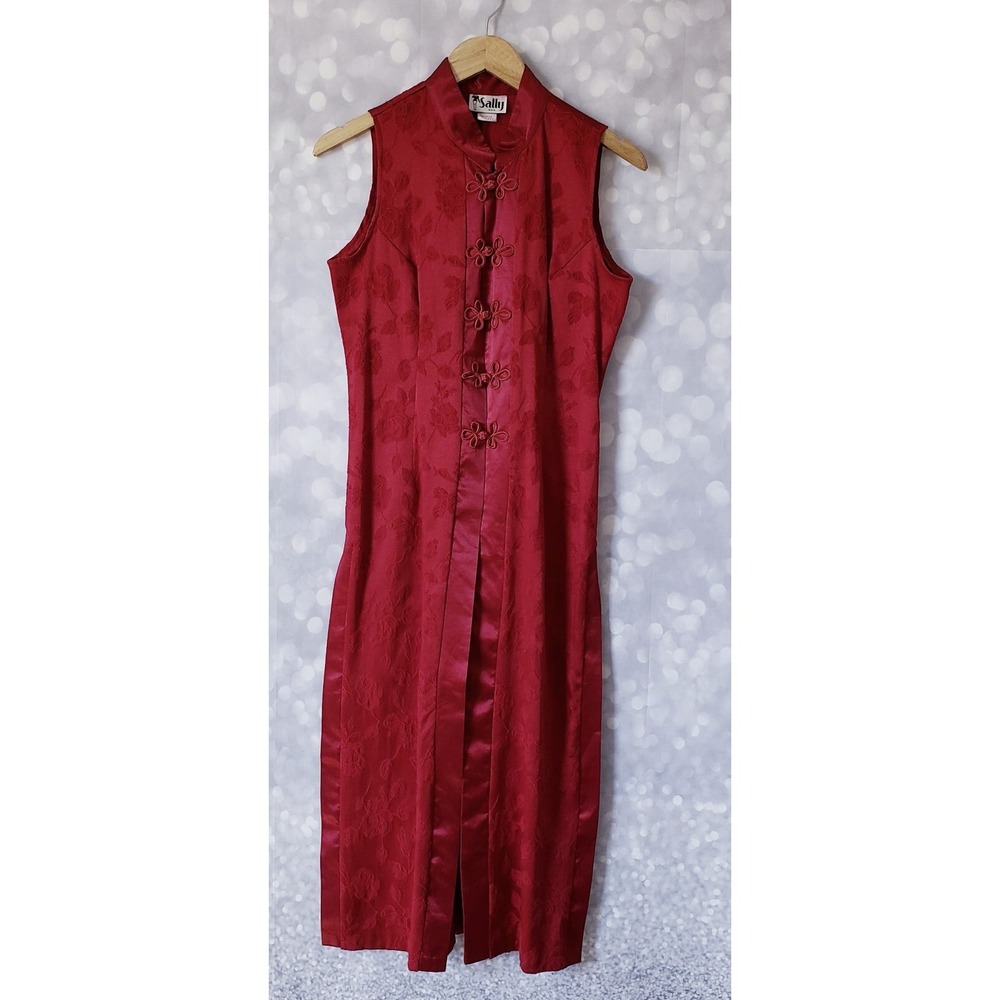 VTG Sally Floral Jacquard Asian Duster Vest Womens Medium Dress Red Frog Close